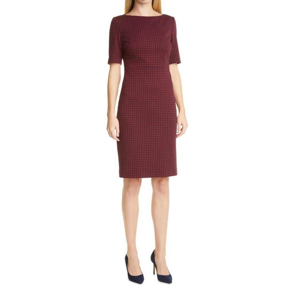 NWT BOSS Hugo Boss Dalula in Red Black Houndstooth Bateau Neck Sheath Dress 10 - Picture 8 of 12